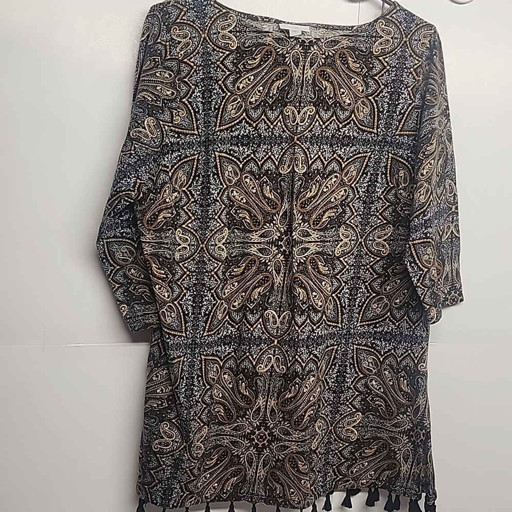 J. Jill Black and Gold Paisley Hippie Soft Cotton Blend Tunic Boho Sz L India